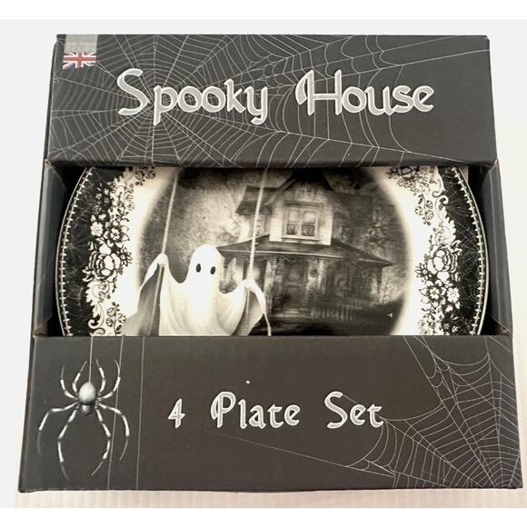 EATON FINE DINING Spooky House Halloween Salad Dessert Plates Set of 4 7 1/2 - Picture 1 of 6